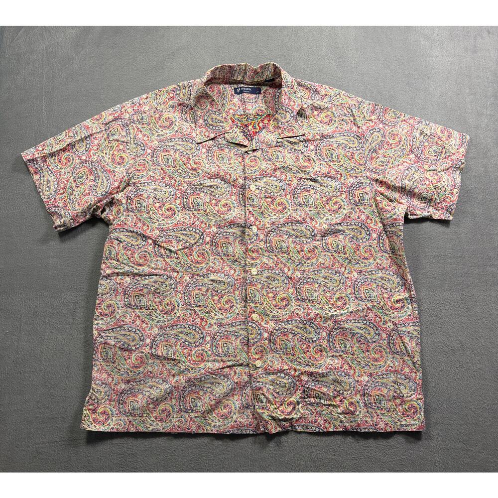 Cremieux Paisley Short Sleeve Shirt Men Size XL Button Up Camp Collar Linen